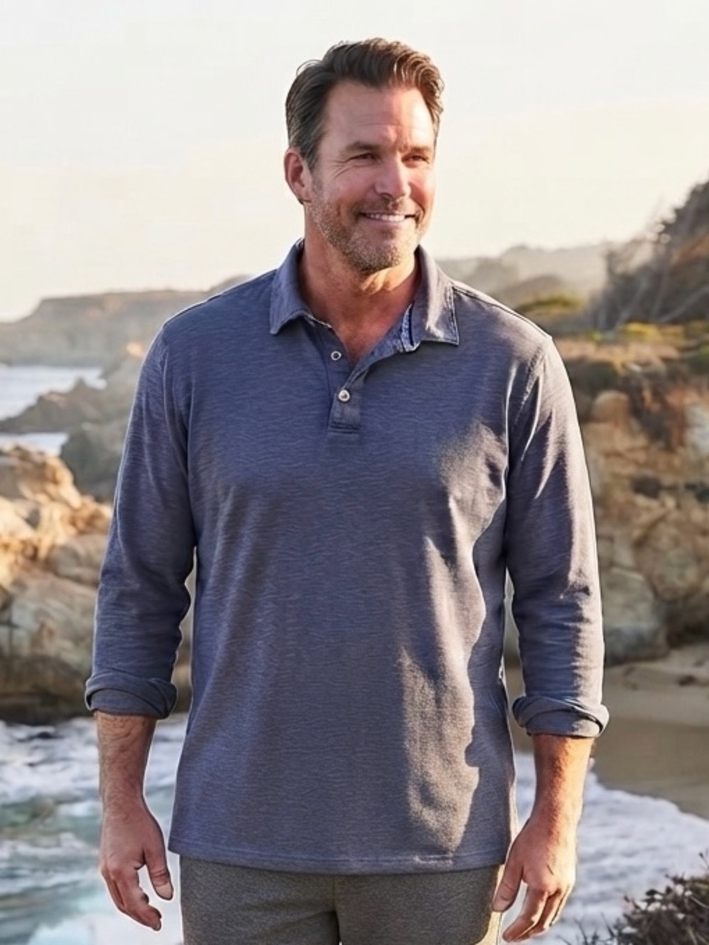 Tommy Bahama Men's Long-Sleeve Polo in Heather Blue